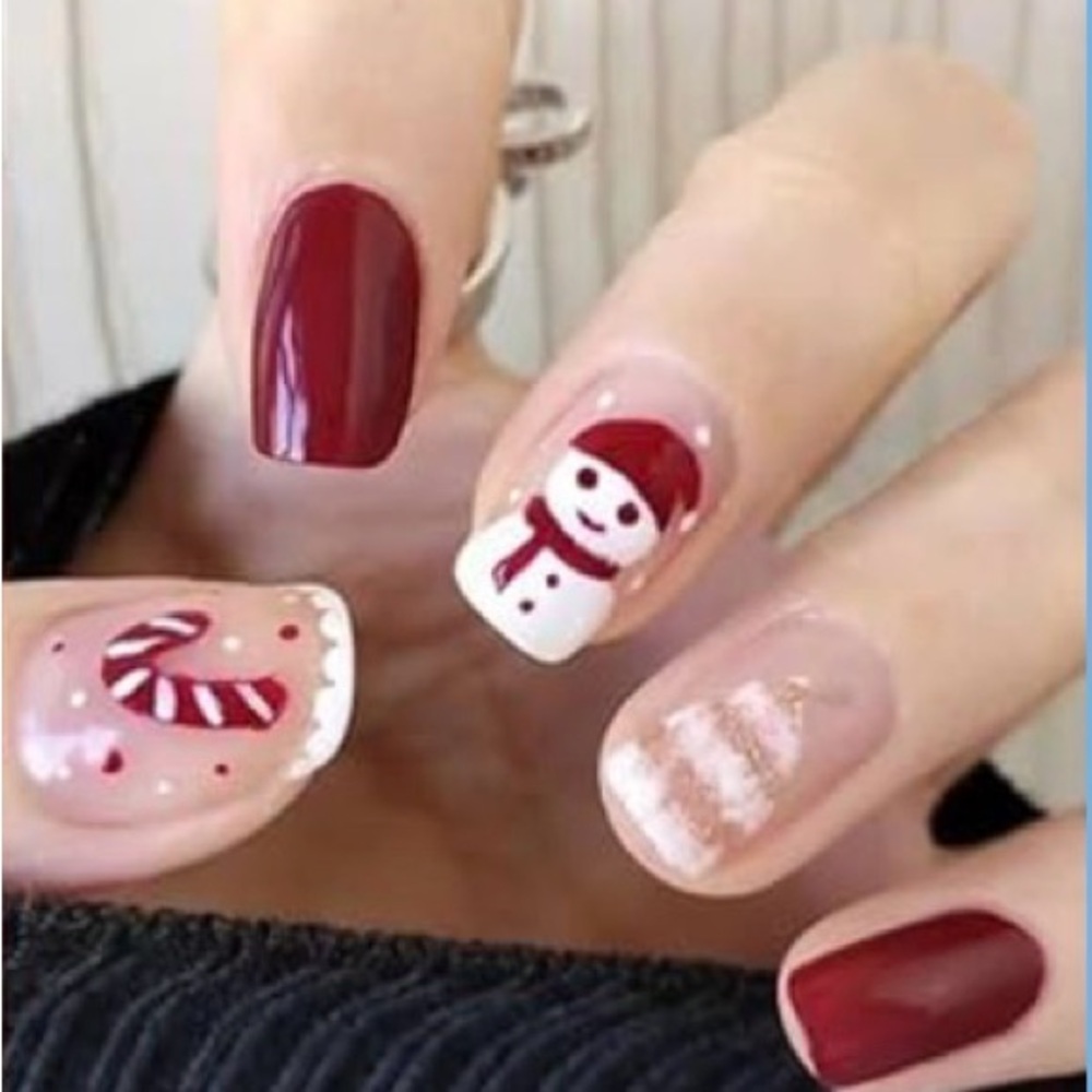 Festive Snowman & Candy Cane Press On Nails | Red & White Christmas Nails - Picture 2 of 3